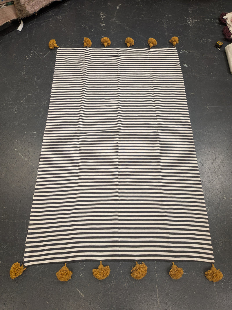 'Classic’ Pom Pom Blanket - Black Stripe (mustard pom) - BL-PP-013