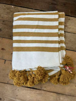 'Classic’ Pom Pom Blanket - Mustard Stripe