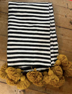 'Classic’ Pom Pom Blanket - Black Stripe (mustard pom)
