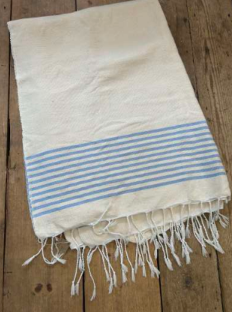 Cotton Blanket - White with blue stripe band