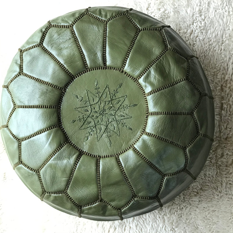 Olive Moroccan Leather Pouffe - PO-LP-001