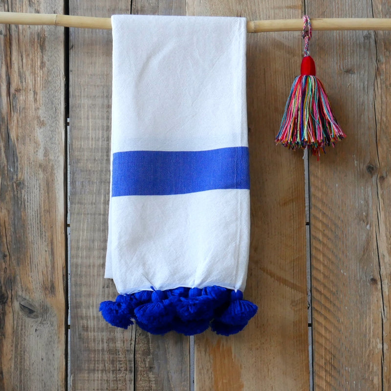 'Fez' Pompom 'Fouttas' Saharan Blue Hammam Towel HT108
