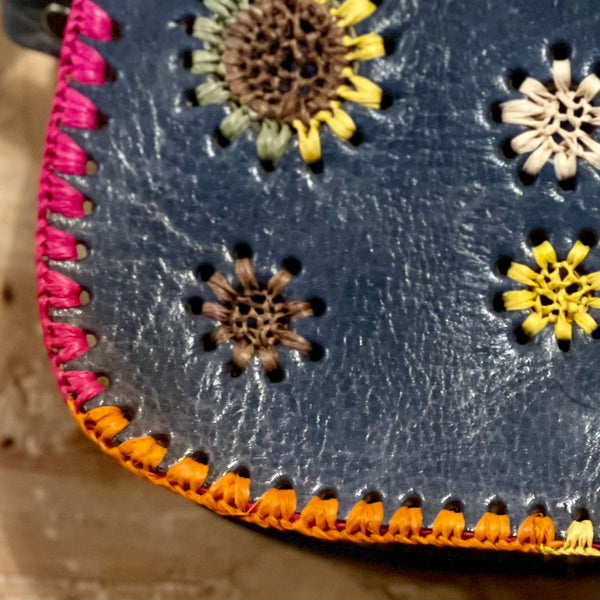 Leather and Hand Embroidered Raffia Saddle Bag
