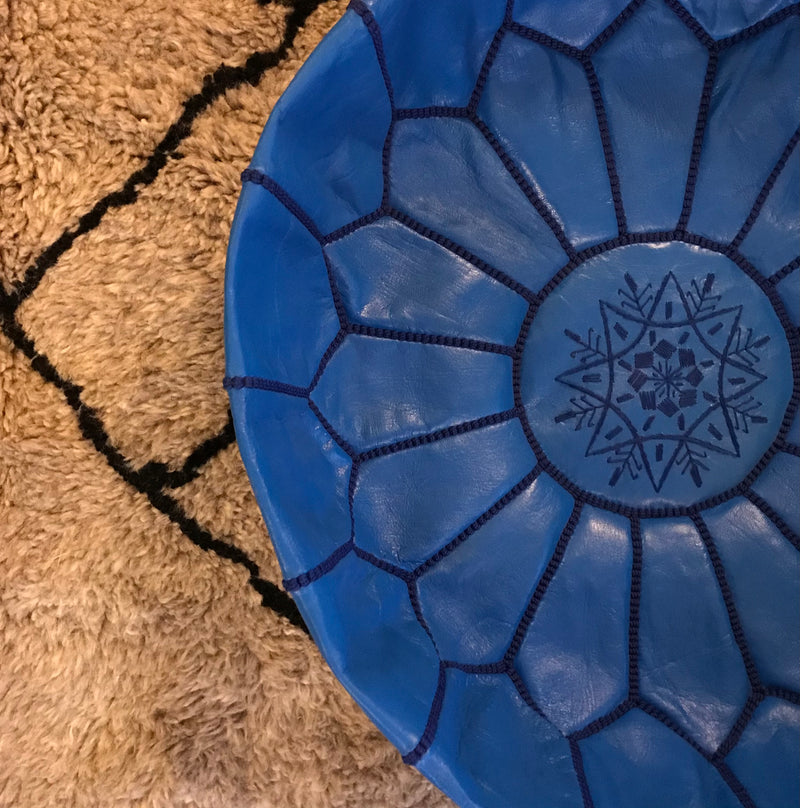 Majorelle Blue Moroccan Leather Pouffe - PO-LP-005