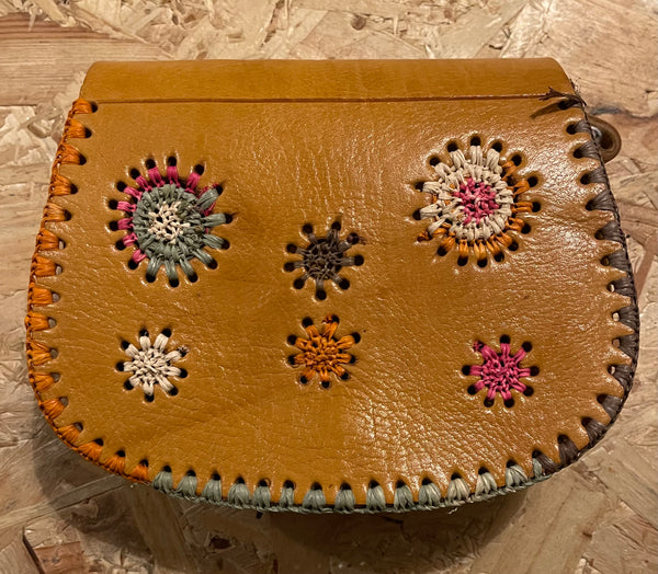 Leather and Hand Embroidered Raffia Saddle Bag