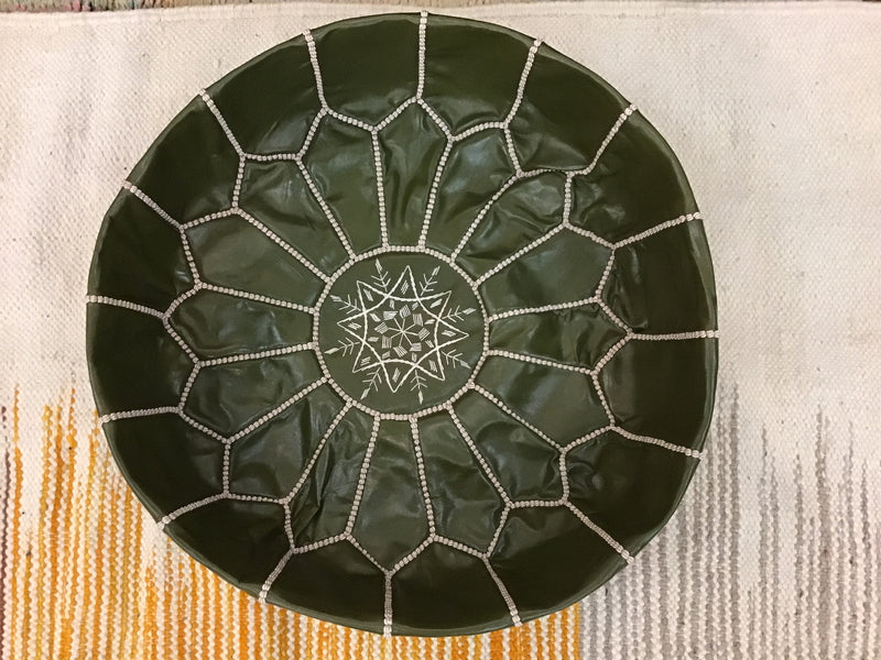 Olive Moroccan Leather Pouffe with white stitch - PO-LP-001