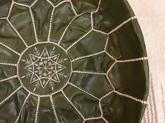 Olive Moroccan Leather Pouffe with white stitch - PO-LP-001