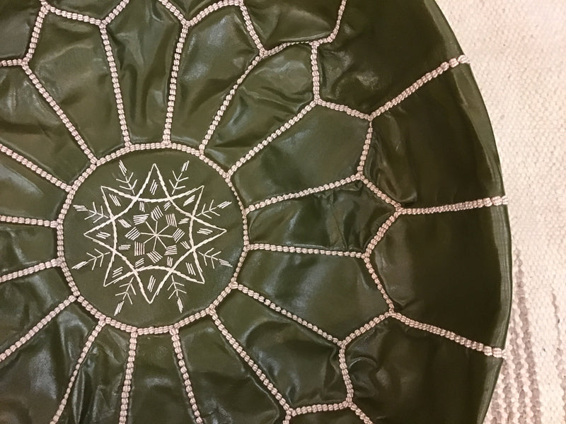 Olive Moroccan Leather Pouffe with white stitch - PO-LP-001