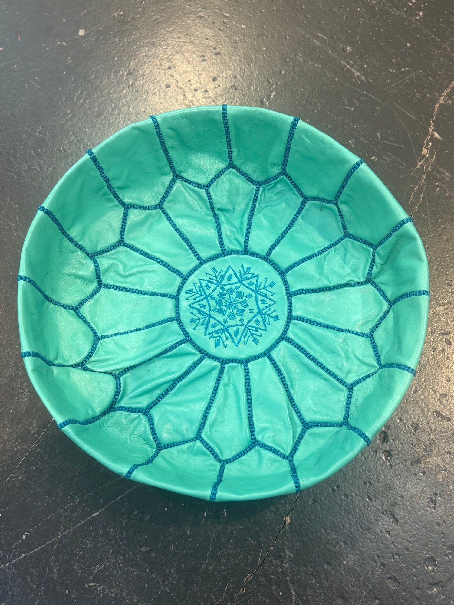 Turquoise Moroccan Leather Pouffe with blue stitching POLP021