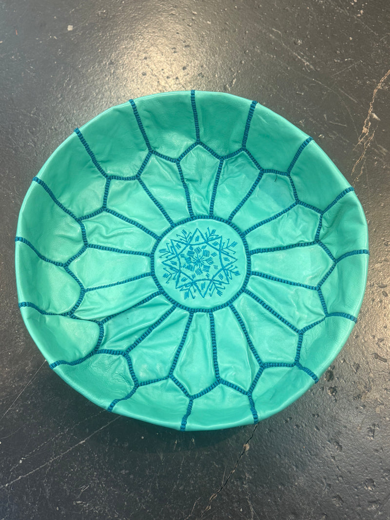 Turquoise Moroccan Leather Pouffe with blue stitching POLP021