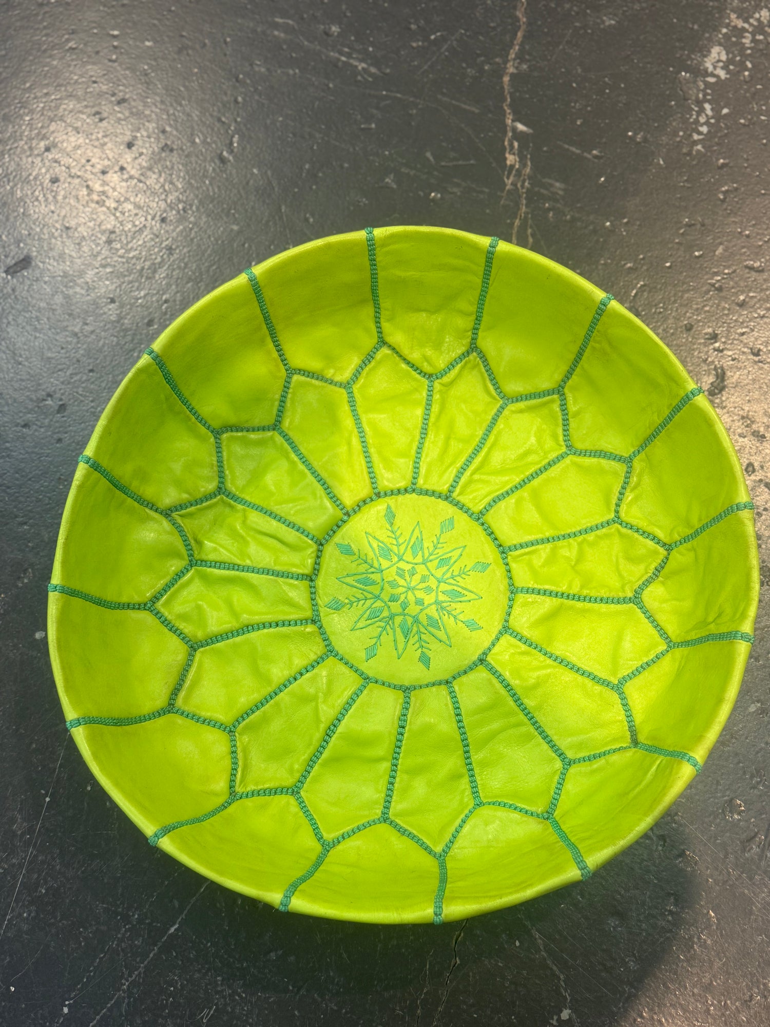 Lime Green Moroccan Leather Pouffe with green stitching POLP020