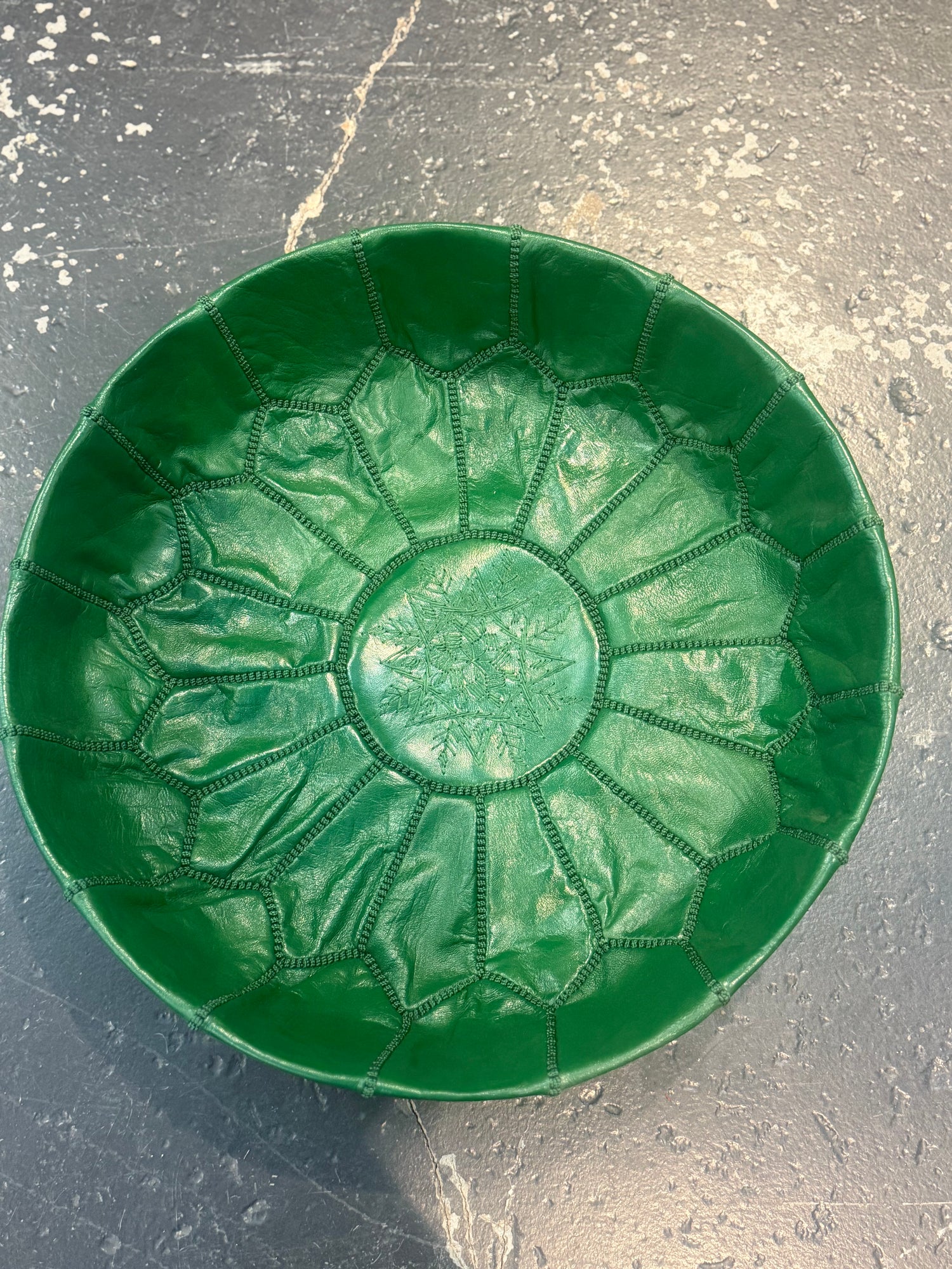 Dark Green Moroccan Leather Pouffe with green stitching POLP026