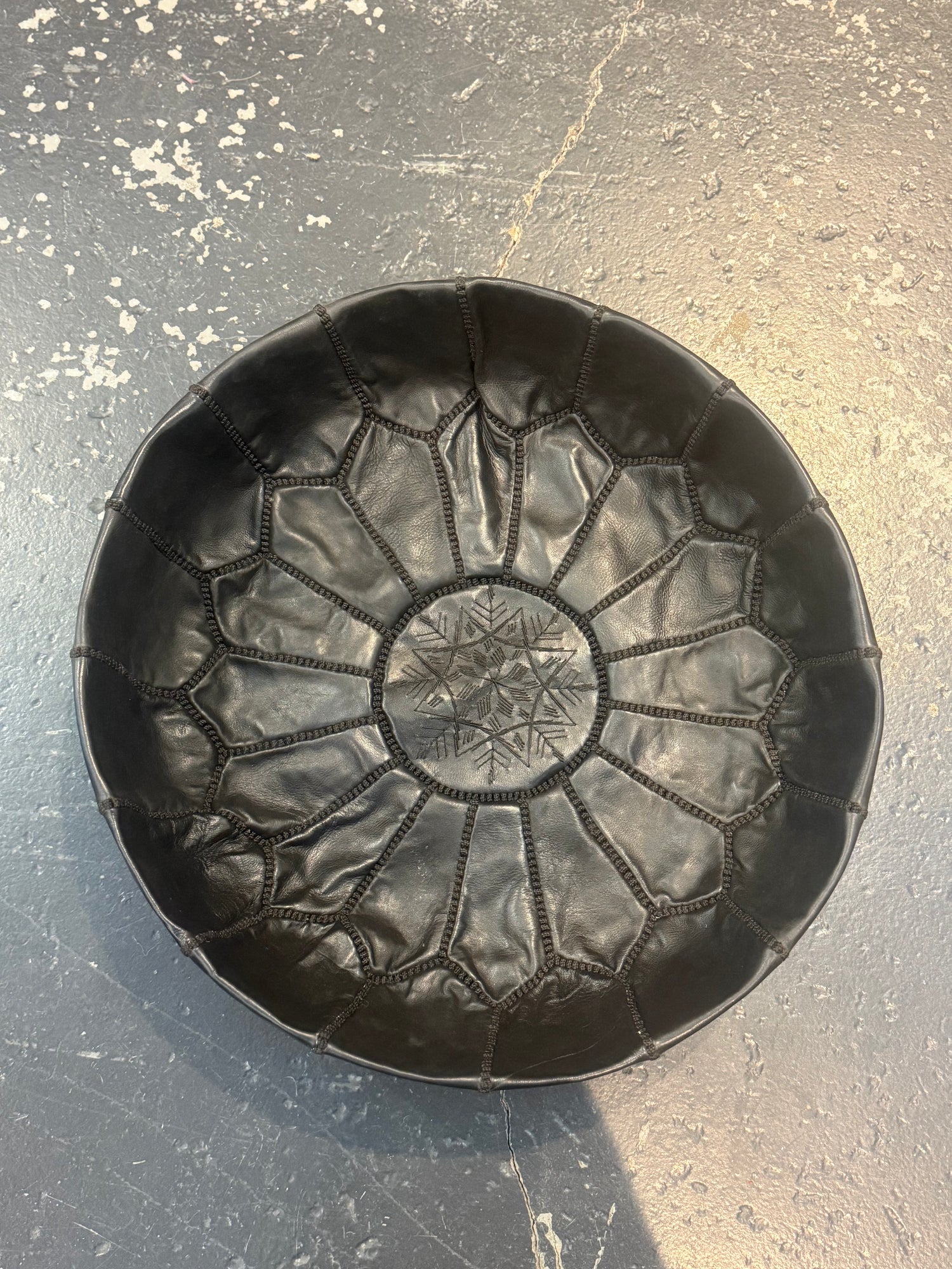 Black Moroccan Leather Pouffe with black stitching POLP027