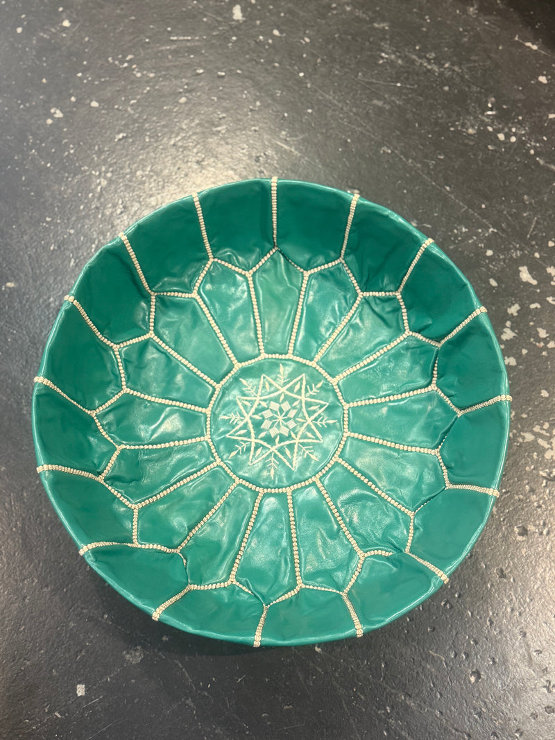 Teal Moroccan Leather Pouffe with white stitching POLP023