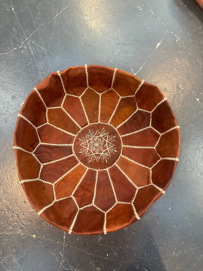 Chestnut brown Moroccan Leather Pouffe with black stitching POLP066