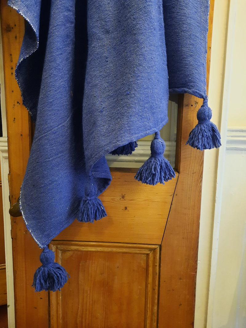'Classic’ Pom Pom Blanket - Blue Denim - BLPP122