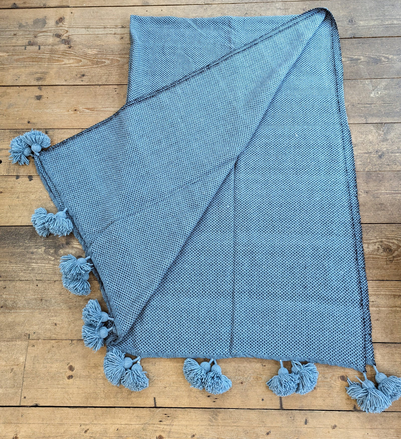 'Sky Blue' Wool Pompom Blanket BLPP018