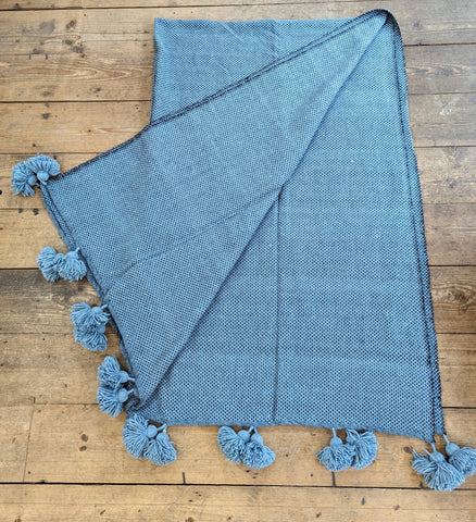 'Sky Blue' Wool Pompom Blanket