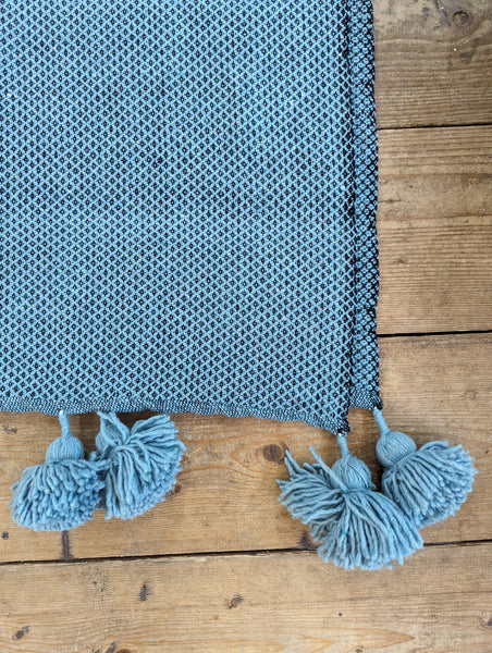 'Sky Blue' Wool Pompom Blanket