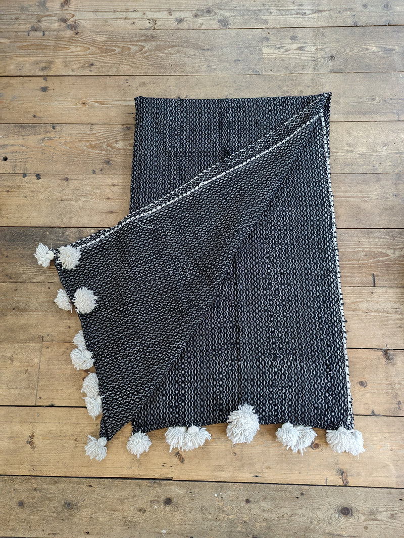 'Charcoal Diamonds’ (white pompom) Wool Pompom Blanket BP115