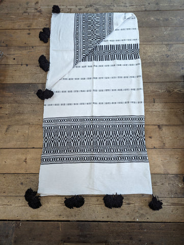 Black and White Jacquard Weave Pompom Blanket