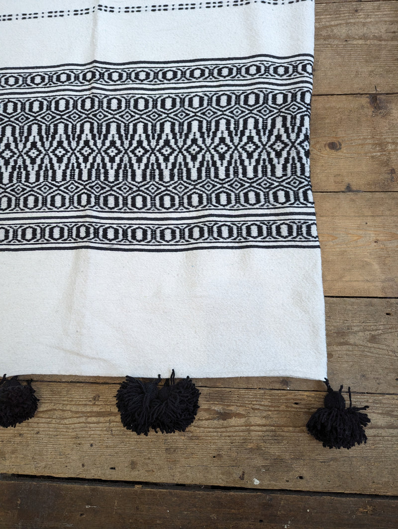 Black and White Jacquard Weave Pompom Blanket BP113