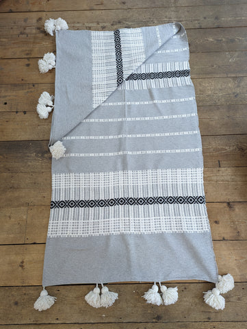Soft Grey Jacquard Weave Pompom Blanket