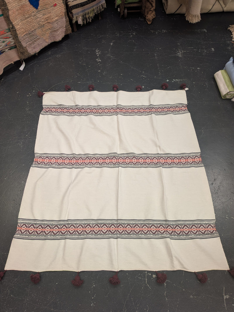 Multi Colour Stripe Jacquard Weave Pompom Blanket BLPP109