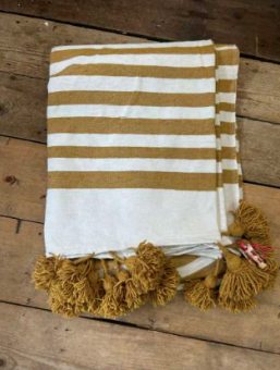 'Classic’ Pom Pom Blanket - Mustard Stripe BLPP012