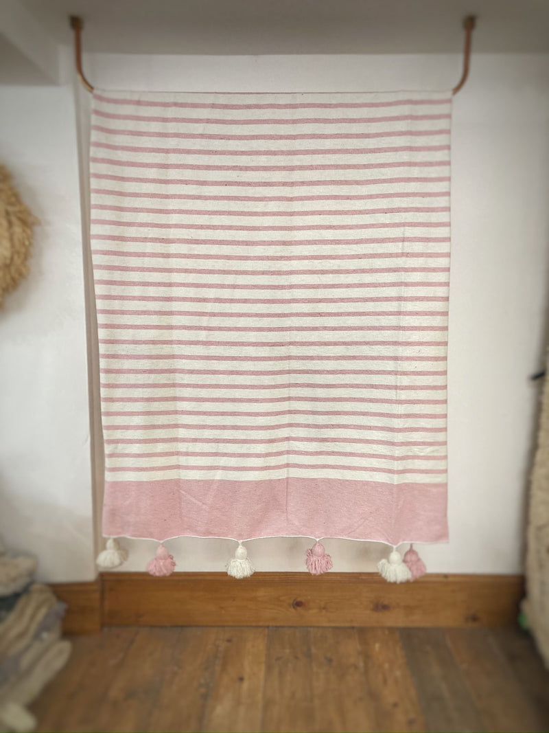 Soft Pink Striped Saharan Pompom Blanket BLPP003