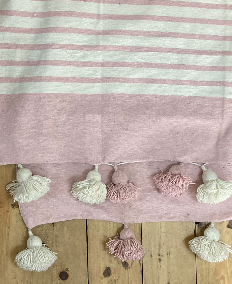 Soft Pink Striped Saharan Pompom Blanket BLPP003