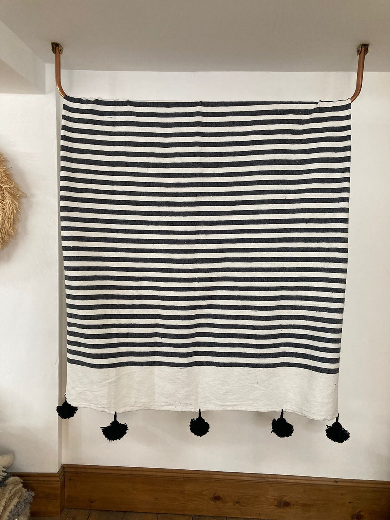 Black Striped Saharan Pompom Blanket BLPP004