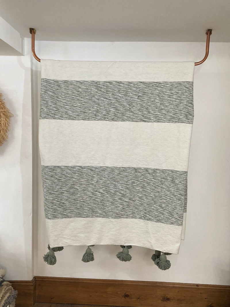 Wide Grey Striped Saharan Pompom Blanket BLPP005
