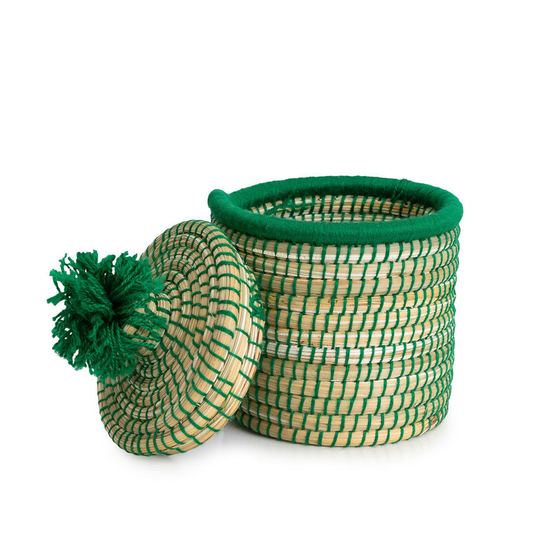 'Jibana' Mini green woven basket with pom pom lid - HW-BK-003