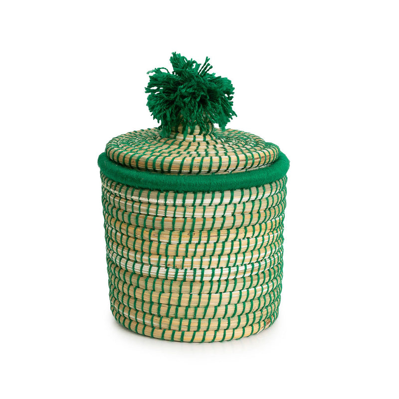 'Jibana' Mini green woven basket with pom pom lid - HW-BK-003