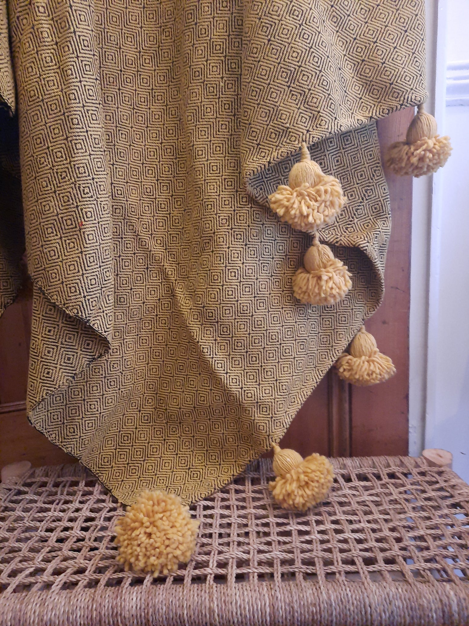 ‘Honeycomb Diamonds’ Wool Pompom Blanket