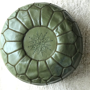 Olive Moroccan Leather Pouffe