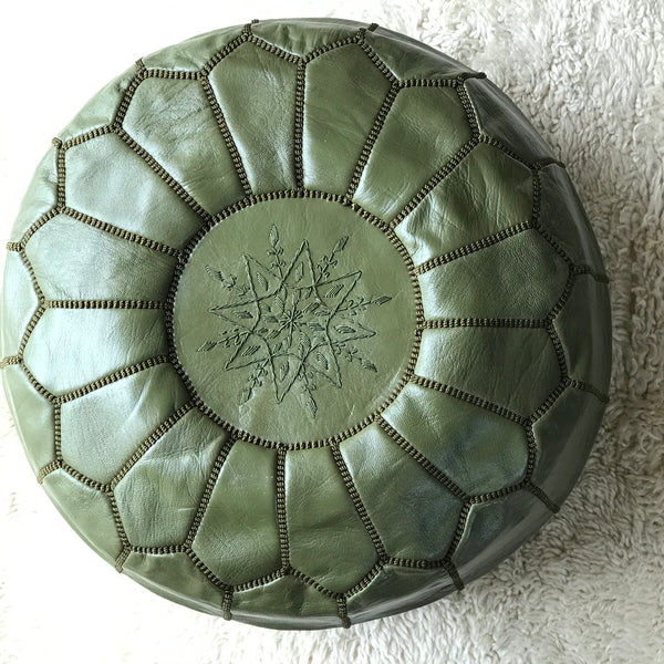 Olive Moroccan Leather Pouffe
