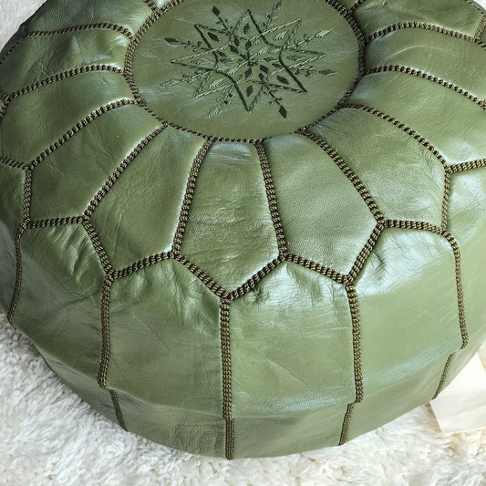 Olive Moroccan Leather Pouffe - PO-LP-001