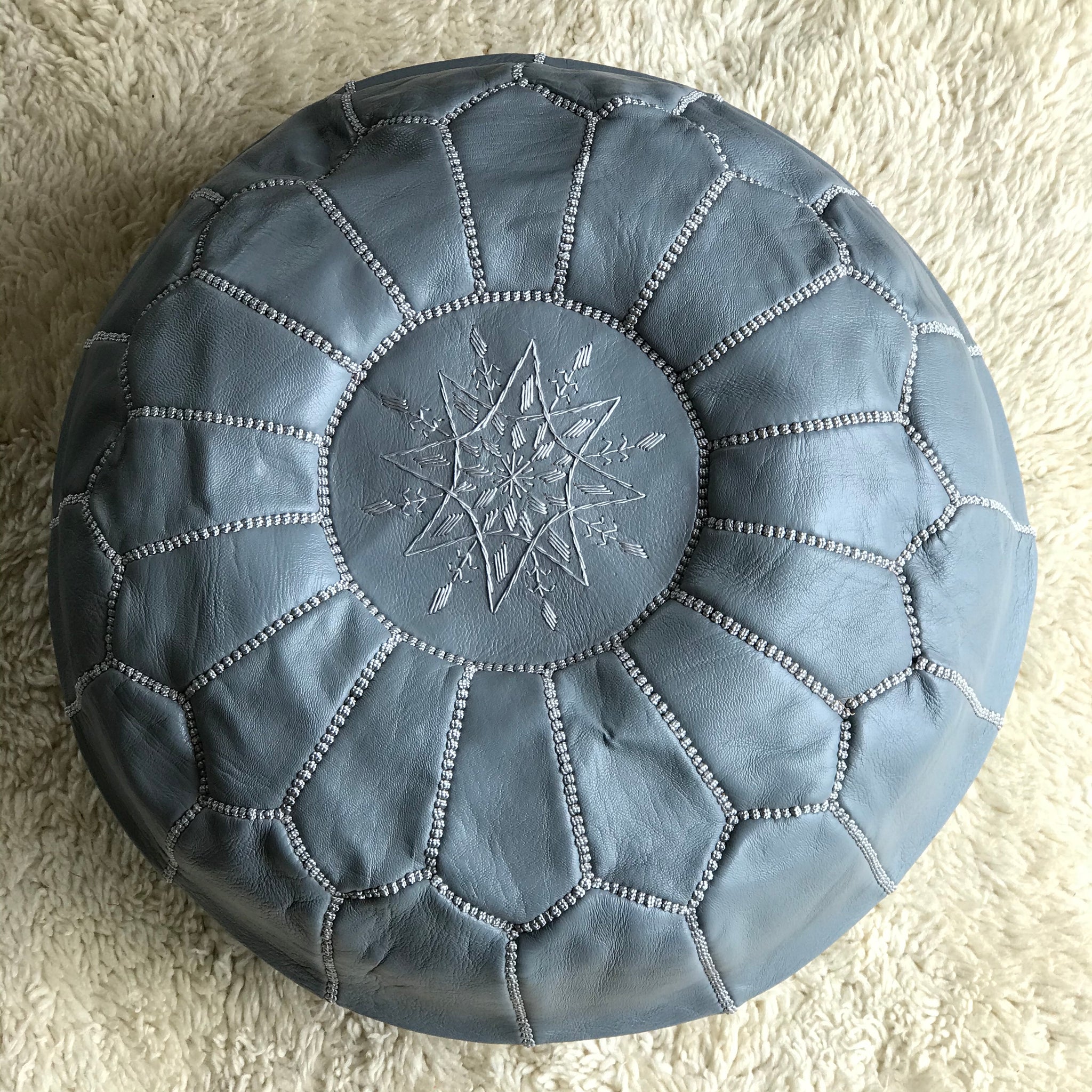 Dove Grey Moroccan Leather Footstool Pouffe SMOUK INTERIORS