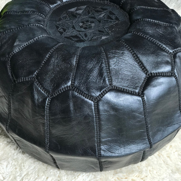 Pure Black Moroccan Leather Pouffe