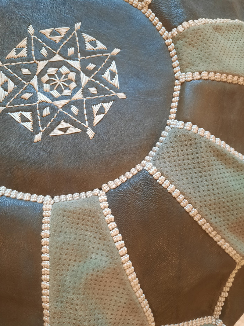 Olive / Khaki Moroccan Leather Pouffe POLP007