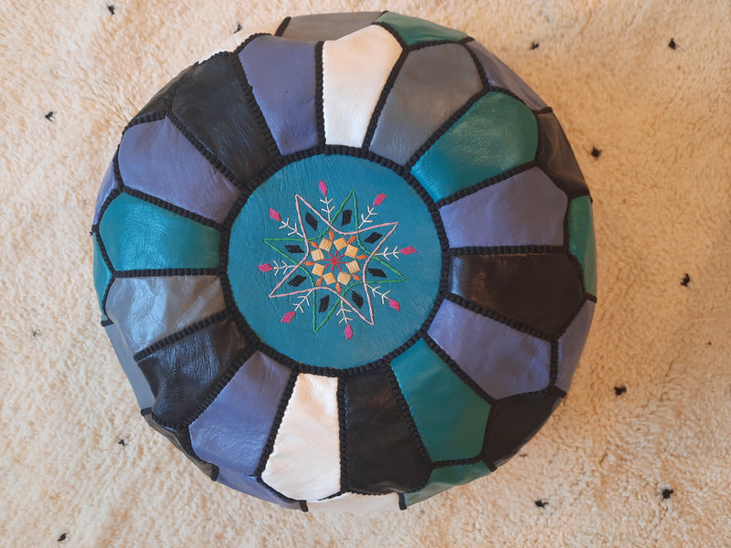 Multi - Turquoise / Black / White / Lavender Moroccan Leather Pouffe POLP011