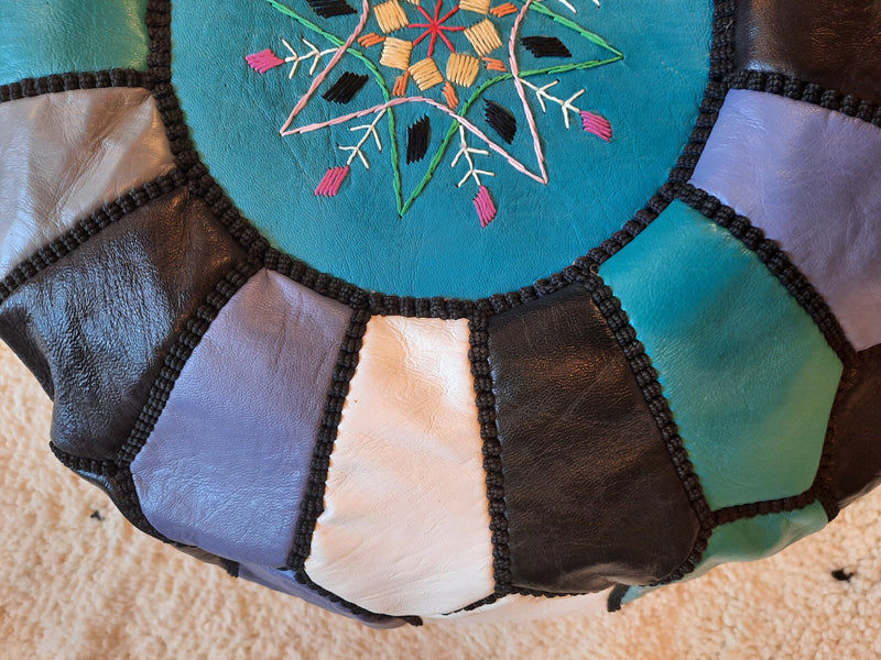 Multi - Turquoise / Black / White / Lavender Moroccan Leather Pouffe POLP011