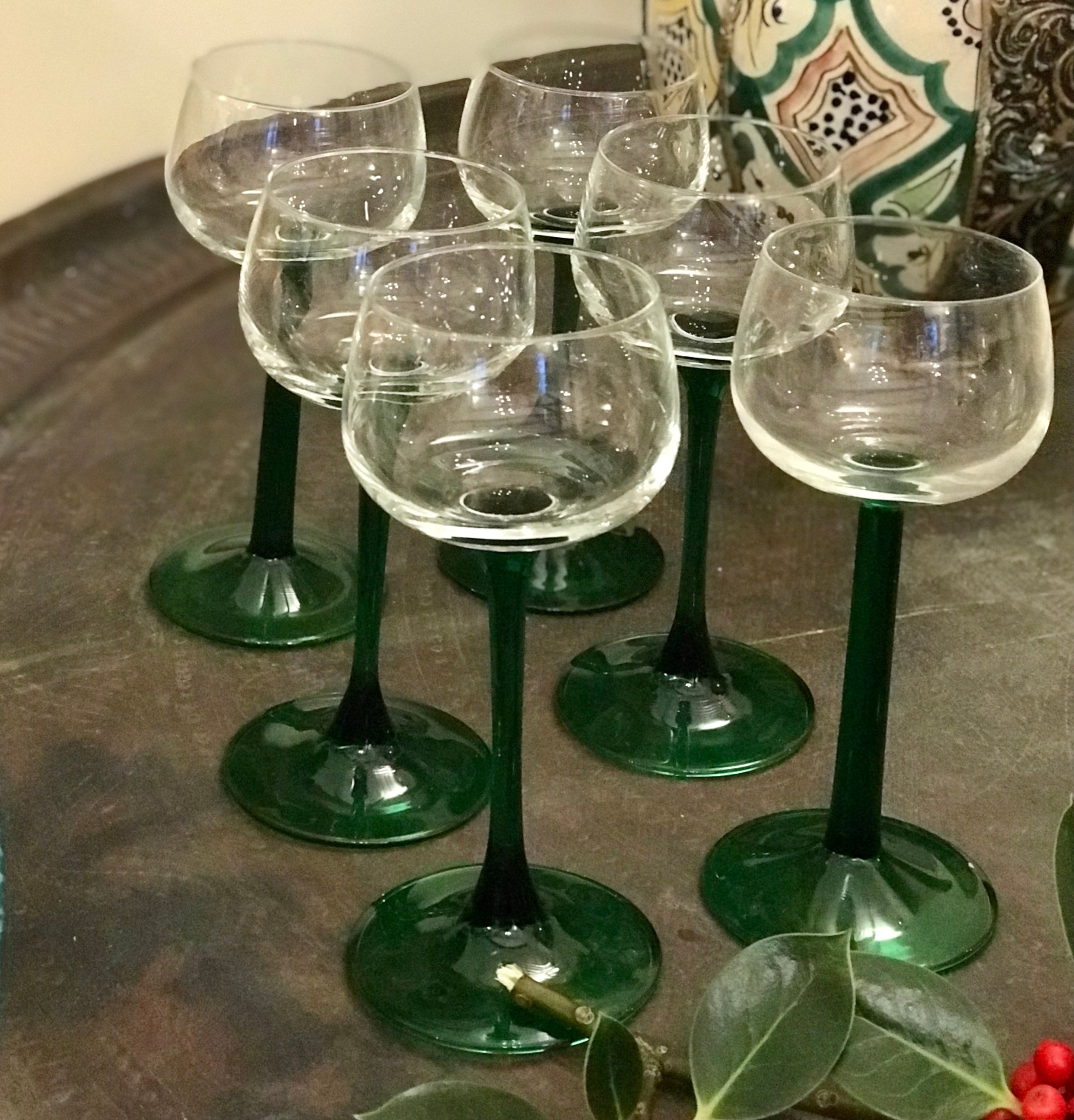 Retro green stemmed wine glasses