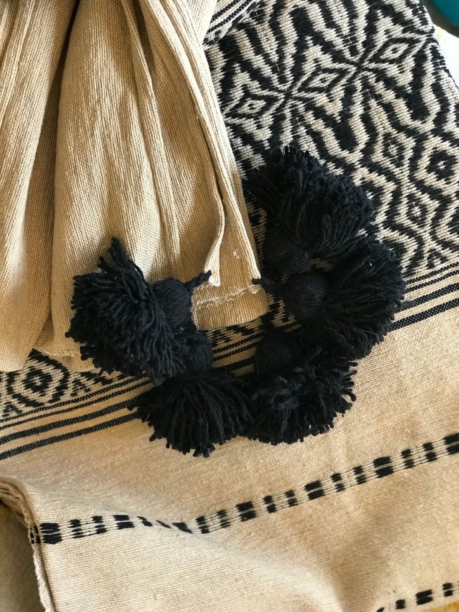 Jacquard Weave Pompom Blanket - Beige/Black - BL-PP-020