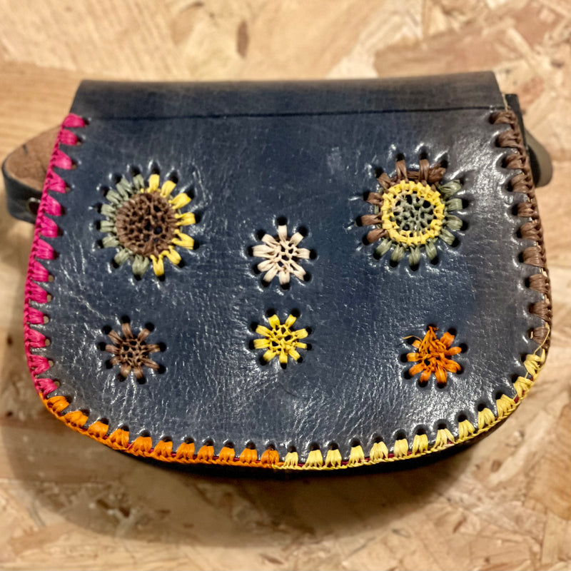 Leather and Hand Embroidered Raffia Saddle Bag - CL-BG-001