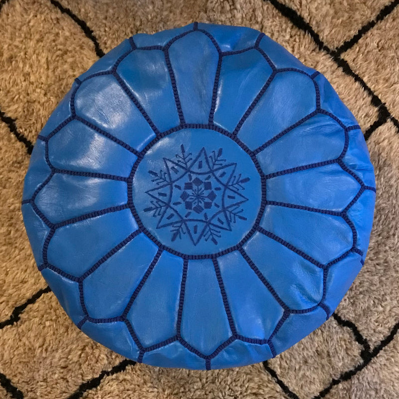 Majorelle Blue Moroccan Leather Pouffe - PO-LP-005